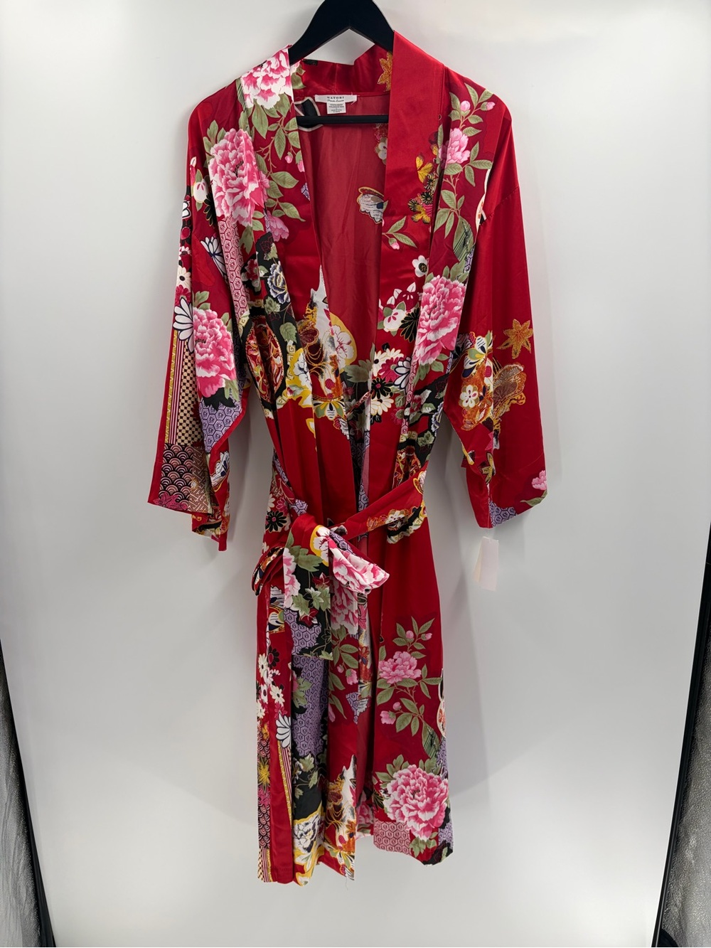 Natori Kimono Robe boho Floral Satin Belted Asian Print Retro large 180$ NWT
